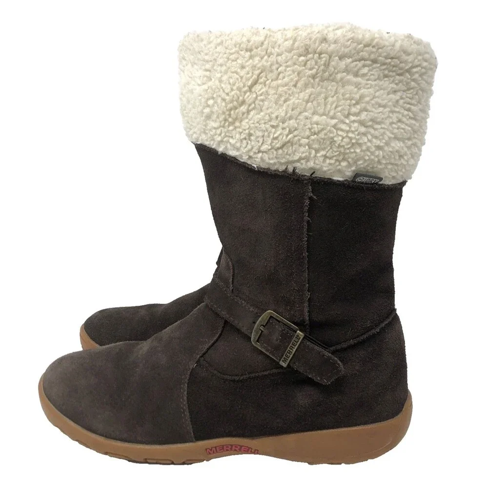 MERRELL Mimosa Harvest Suede Boots Kids Girls US 5 Brown Buckle Sherpa Winter